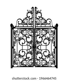 antique wrought gate passage - closed doors of mysterious fantasy entrance black and white vector outline