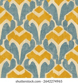 Antique yellow and blue pattern with an art deco style. grunge lines ikat pattern, ikat seamless pattern, Vector illustration background for print the paper.