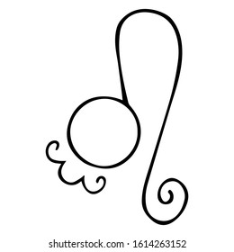 Antique zodiac symbol Leo with squiggle in black on a white background. Zodiac tattoo, logo, print, icon, emblem. Hand drawing. Vector.