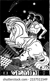 Antique zodiac wood print illustration of the twins star sign or gemini constellation. Two identical twins on horseback. 