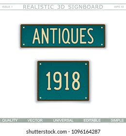 Antiques. 1918. Retro signboard. Stylized license plate. Top view. Vector design elements