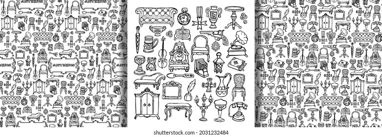 Objetos dibujados a mano en el doodle de antigüedades y dos patrones sin fisuras. Repita los fondos de pantalla de objetos retro, página de color.