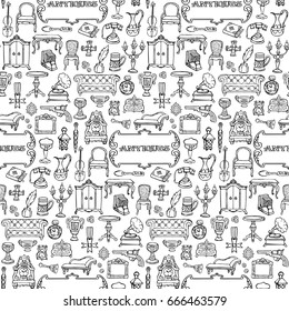 Antiques doodle hand drawn seamless pattern with vintage sign. Wallpaper of retro objects, coloring page.