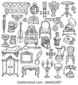 Antiques doodle hand drawn set. Pattern of retro objects, coloring page.