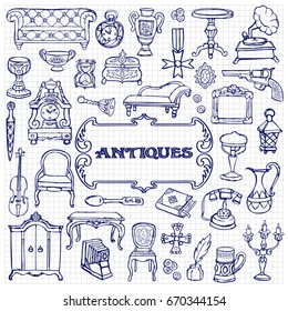 Antiques doodle hand drawn set with vintage sign. Pattern of retro objects, coloring page on squared background.