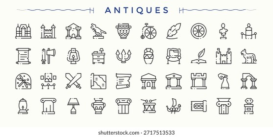 Conjunto de iconos modernos de antigüedades. Iconos de estilo de línea delgada moderna. Ilustración vectorial. Conjunto de iconos modernos de cultura. Contiene historia de signos lineales, arqueología, antigüedad, patrimonio, cultura y más.