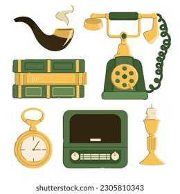 Antiques objects set. Phone, smoking pipe, books, clock and candlestick. Archeology and paleontology, history. Vintage items collection. Cartoon flat vector illustrations isolated on white background