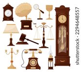 Antiques, old things, vintage. Set of vector illustrations of antique items.
