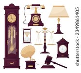 
Antiques, old things, vintage. Set of vector illustrations of antique items in burgundy color.