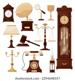 Antiques, old things, vintage. Set of vector illustrations of antique items.