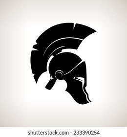 Antiques Roman or Greek helmet for head protection soldiers with a crest of feathers or horsehair with slits for the eyes and mouth, vector illustration