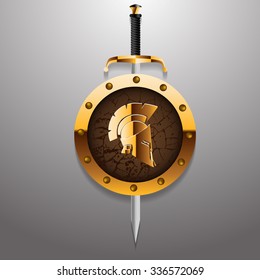 Antiques Roman or Greek helmet for head protection soldiers with sword and golden board vector illustration eps 10