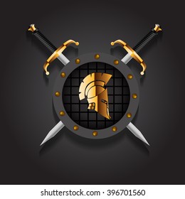 Antiques Roman or Greek helmet for head protection soldiers with two sword and  board vector illustration eps 10
