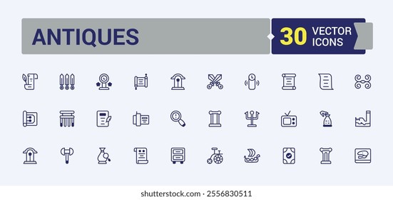 Antiques thin line icon set. Related to collectibles, history, vintage, antique, culture and more. Thin outline icons pack. Vector icons editable stroke.