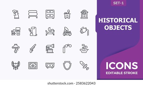 Antiques vector icon set. It contains symbols to antique, history, collectibles, old, vintage and more. Thin icon design. Vector outline icons collection.