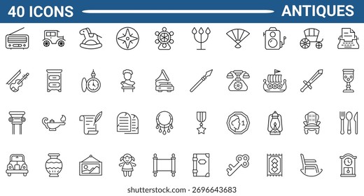 Antiques Web Icon Set in Line or outline Style. Icon For Web and Mobile App. Linear icon collection. Editable stroke. Vector illustration.