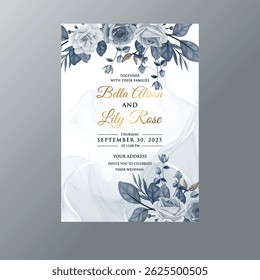 Antique-style wedding invitation with faded roses and delicate flourishes.