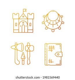 Antiquities excavation gradient linear vector icons set. Medieval castle. Excavated treasure. Stone age weapons. Thin line contour symbols bundle. Isolated vector outline illustrations collection