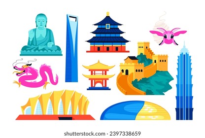 Antiquitäten und Features von China - flache Design-Stil Objekte Set. Hochwertige farbige Bilder des Tiantantempels des Himmels, National Center for the Performing Arts, großartige Wand, Buddha-Statue, Drache