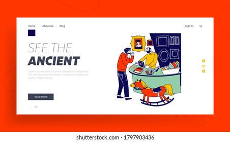 Antiquities Landing Page Template. Collector Male Character Visiting Antique Store Stand at Cashier Desk with Seller and Vintage Things Thinking to Buy Retro Book. Linear People Vector Illustration