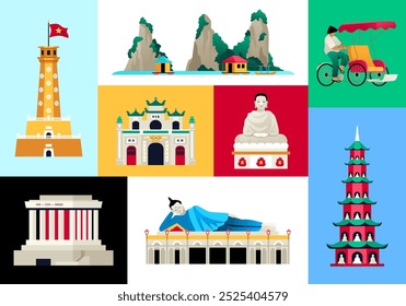 Antiguidades e monumentos do Vietnã - conjunto de ilustrações coloridas de estilo de design plano. Imagens da torre da bandeira em Hanói, Pagode Thien Mu, Mausoléu de Ho Chi Minh, montanhas e estátuas de Buda