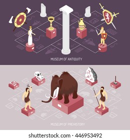 Antiquity cultural history museum 2 isometric flowchart elements banners with mammoth and archaeological finds isolated vector illustration 