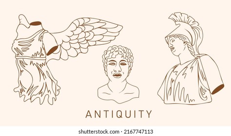 Antiquity. Greek ancient sculpture collection.  Architectural graphic design elements. Greek sculpture trippy. Vector hand drawn illustration.