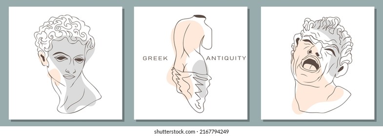 Antiquity. Greek ancient sculpture collection in a trendy modern style. Architectural graphic design elements. Greek sculpture trippy. Vector  design for posters, shopping bags, shops, books, postcard
