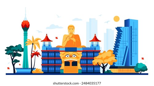 Antiquity and modernity of Sri Lanka - colored vector illustration with golden buddha statue, Dambulla Golden Temple and Colombo Lotus Tower. Cityscapes and national landmarks, asia travelling idea