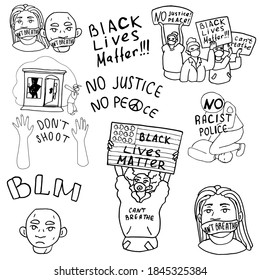 Antiracism protesters on white isolated backdrop. Antiracist protest for invitation or gift card, social banner or media blog, flyer. Phone case or cloth print. Doodle style stock vector illustration