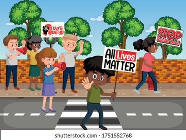 Anti-racism protesters at the street illustration