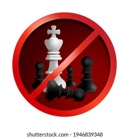 Antiracism, Stop racism sign - in chess game metaphor, crossed out white king and black pawns. Support for equal rights of black people. Vector isolated emblem