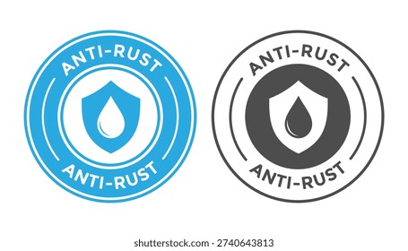 Anti-rust protection badge vector set. Circular label featuring a defense shield and a liquid drop, indicating waterproof, oilproof, or metal coating.
