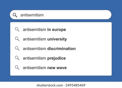 Antisemitism rise new wave. Anti-semitism concept online search engine autocomplete suggestions.