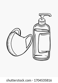 antiseptic bottle dispenser mask face shield disease virus bacteria contour stroke black white vector coronavirus banner element