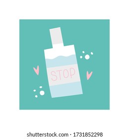 Antiseptic in a bottle. Stops viruses and bacteria in scandinavian style. Unique hand drawn nursery poster. Modern vector illustration.