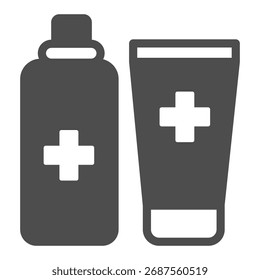 Lata antisséptica e unguento ícone sólido tubo, conceito de higiene. Gráficos vetoriais. Agentes com sinal cruzado médico no fundo branco, ícone de estilo de glifo para design móvel ou web