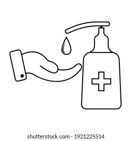 Antiseptic disinfectant liquid soap based on alcohol, vector icon sign on the hand dripping drop sanitizer liquid soap product, hygiene symbol