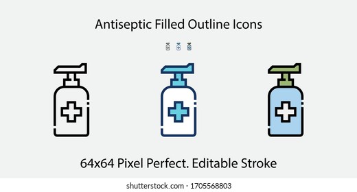 Antiseptic Filled Outline Icons. Colorful Linear Set Vector Line Icon. 64x64 Pixel Perfect. Editable Stroke