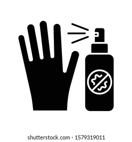 Antiseptic glyph icon. Sanitary and disinfection. Cleansing hand. Antibacterial sprayer. Common cold precaution. Virus prevention. Silhouette symbol. Negative space. Vector isolated illustration