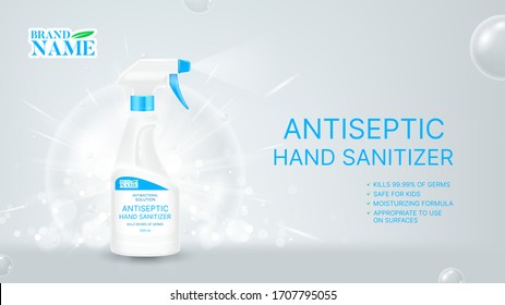 Antiseptic hand sanitizer promo banner. Antibacterial hand sanitizer. Realistic spray bottle with antibacterial liquid. Vector illustration.