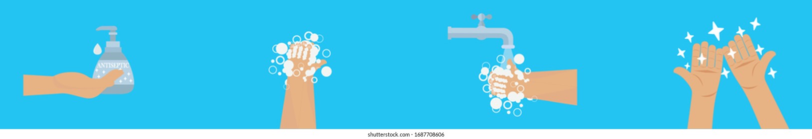 Antiseptic, hand wash thoroughly, soap bubble, signhand wash thoroughly with tap water, clean hands. Vector illustration