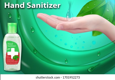 Antiseptic for hands in bottles. Hand Sanitizer gel ads. Antibacterial effect, best protection against viruses. Horizontal banner. Vector illustration.