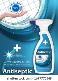 Antiseptic for hands spray dispenser. Hand Sanitizer ads. Antibacterial effect, best protection against viruses. Vertical banner. Vector illustration.