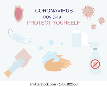 Antiseptic and Hygiene During Coronavirus.Hand Washing with Soap.Detergent Bottle With a Red Sign Against Virus.Mask,Medical Equipment and Toilet Paper. Wash Your Hands.Flat Vector Illustration.