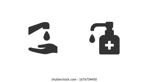 Antiseptic Hygiene, Washing hands vector icon set. Virus care black shape line silhouette icons collection. Anti bacterial soap. Wash hand with soap and water flat design illustration