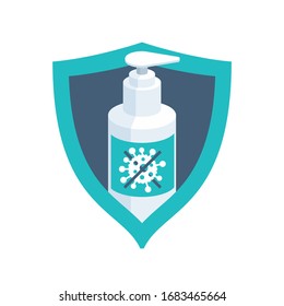 Icono antiséptico - frasco de desinfectante dentro del escudo de protección con virus bacterianos cortados en cubierta - signo de información de protección antimicrobal higiénica