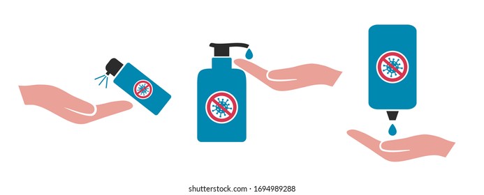 Antiseptic icons, hand sanitizers. Alcohol rub sanitizers kill most bacteria from hands and stop viruses such as coronavirus spread prevention concept. Sanitizer bottle, wall mounted container