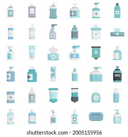 Iconos antisépticos establecidos. Conjunto plano de iconos vectoriales antisépticos aislados en fondo blanco