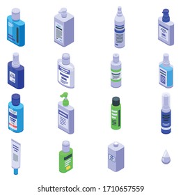 Iconos antisépticos establecidos. Conjunto isométrico de iconos vectoriales antisépticos para el diseño web aislados en fondo blanco